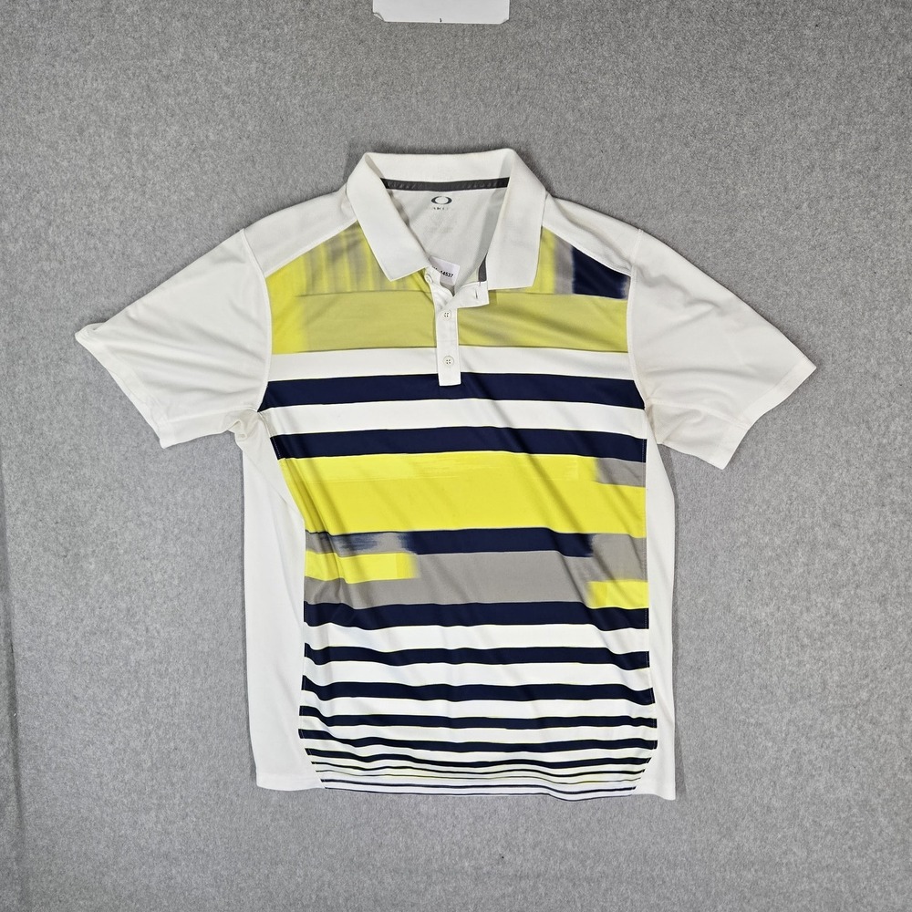Oakley Men Polo L White Striped Activewear Logo Short Sleeve Lightweight Collar